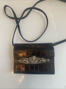 Small Black Croc-Embossed Leather Crossbody Bag with Silver Accent-vintage